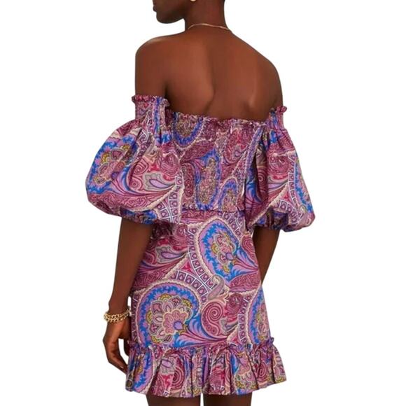 Alexis Alona Off the Shoulder Paisley Mini Dress Smocked Puff Sleeve Purple - Picture 2 of 7